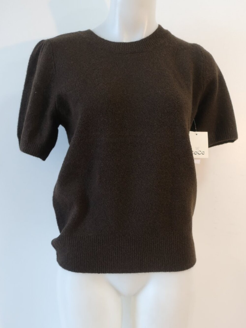 NWT Womens CeCe Brown (Item-14) Crew Neck Short Puff Sleeve Sweater S